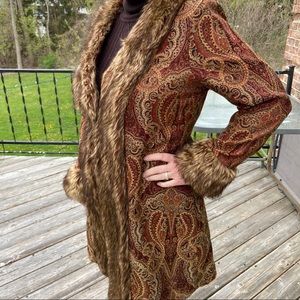 Chico’s Brown Paisley Canvas Faux Fur Coat